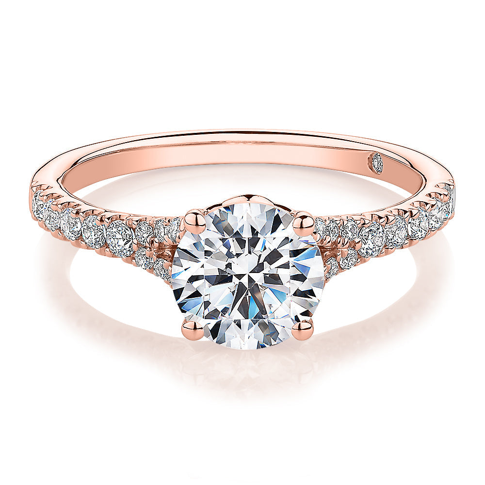 Signature Simulant Diamond 1.81 carat* TW round brilliant shouldered solitaire engagement ring in 10 carat rose and white gold