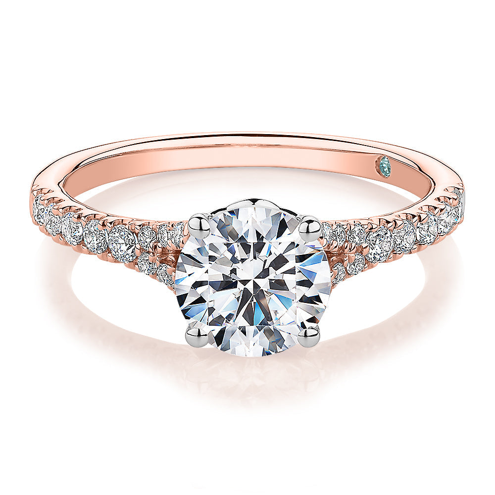 Premium Certified Lab-Grown Diamond, 1.81 carat TW round brilliant shouldered engagement ring in 14 carat rose and white gold