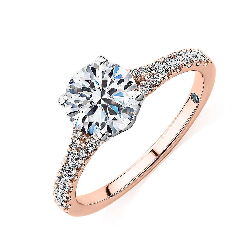 Premium Certified Lab-Grown Diamond, 1.81 carat TW round brilliant shouldered engagement ring in 14 carat rose and white gold