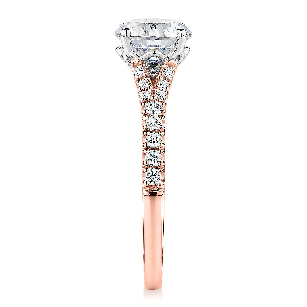 Signature Simulant Diamond 1.81 carat* TW round brilliant shouldered solitaire engagement ring in 10 carat rose and white gold