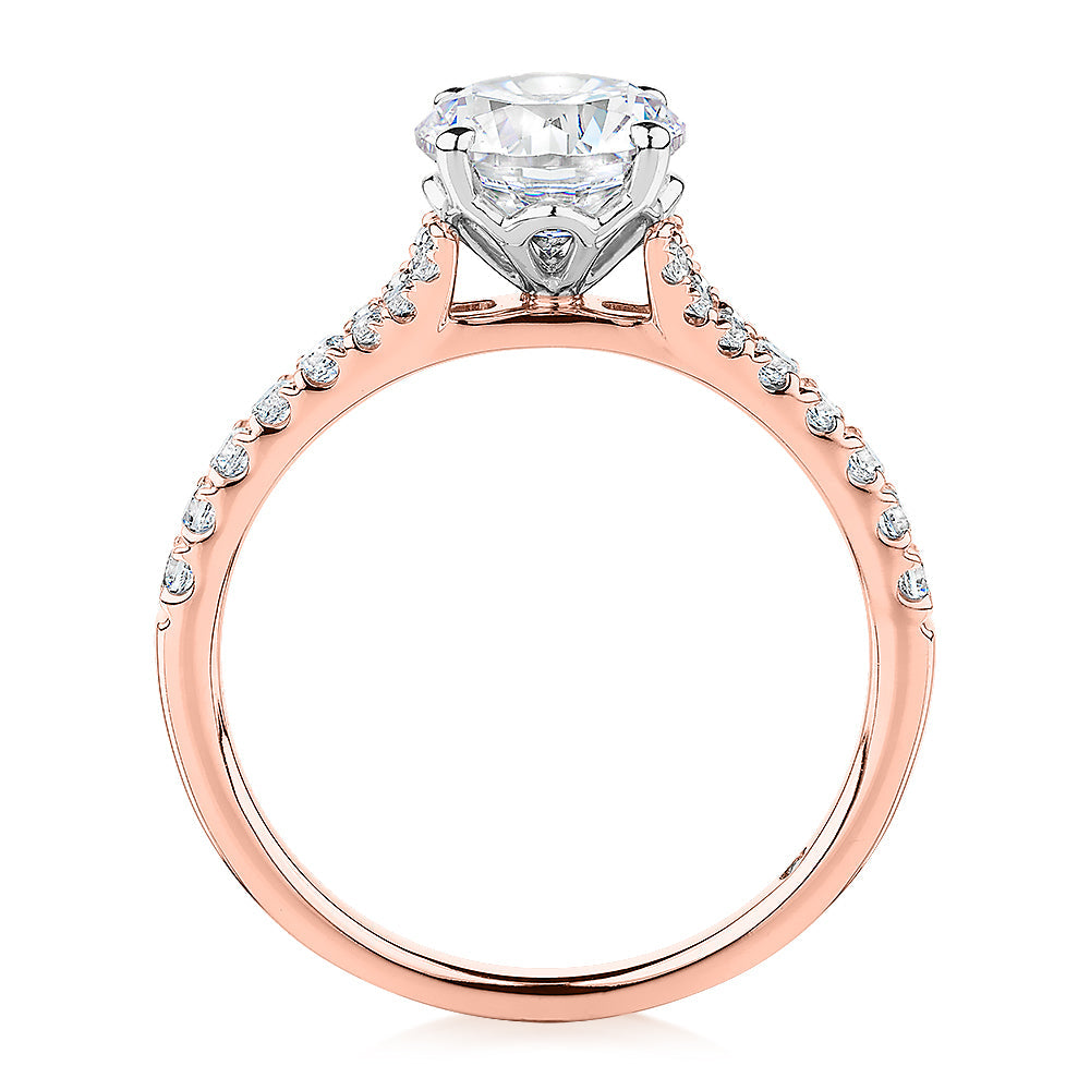 Signature Simulant Diamond 1.81 carat* TW round brilliant shouldered solitaire engagement ring in 10 carat rose and white gold