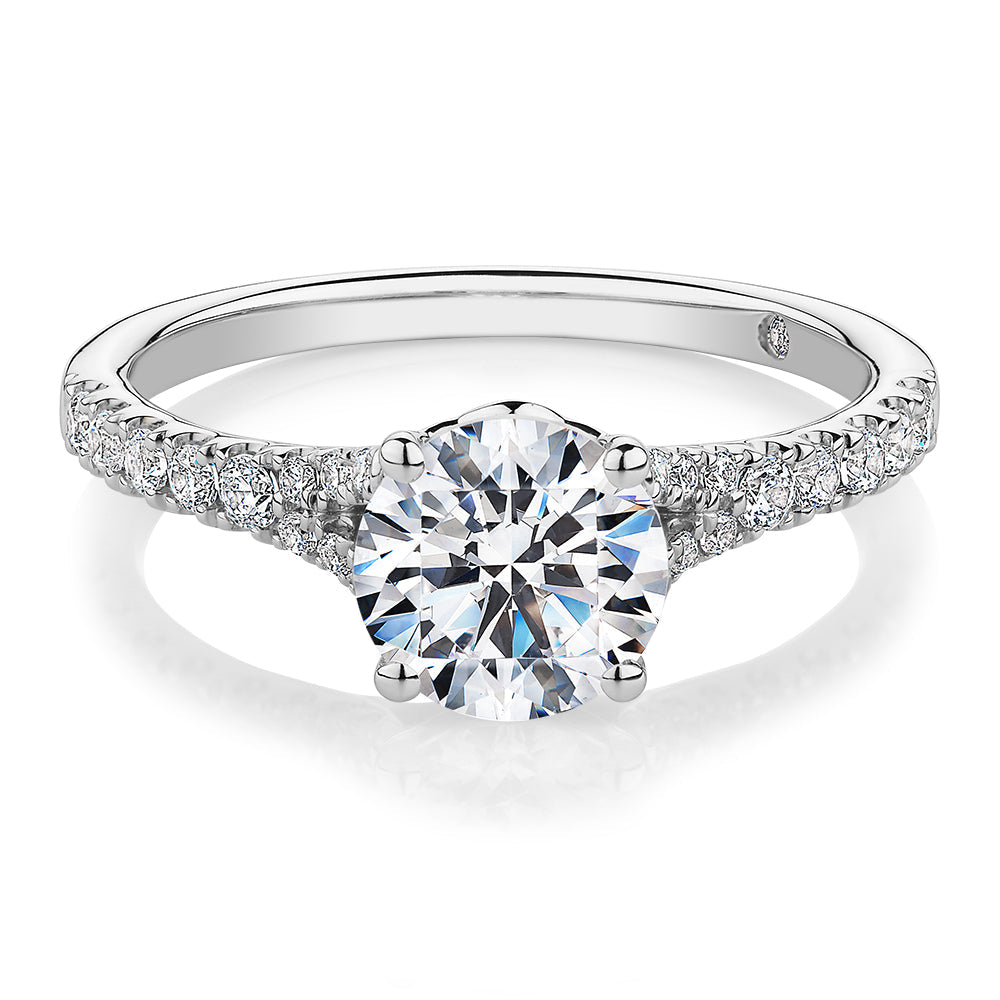 Signature Simulant Diamond 1.81 carat* TW round brilliant shouldered solitaire engagement ring in 10 carat rose and white gold