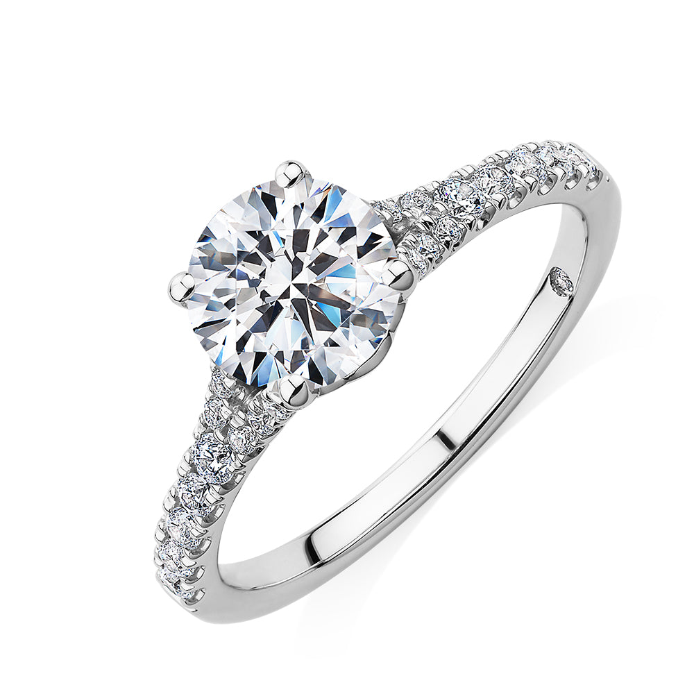 Signature Simulant Diamond 1.81 carat* TW round brilliant shouldered solitaire engagement ring in 10 carat rose and white gold