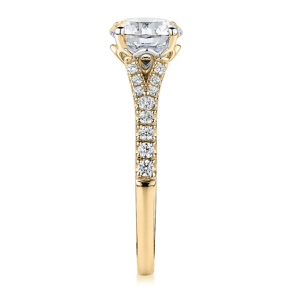 Premium Certified Lab-Grown Diamond, 1.81 carat TW round brilliant shouldered engagement ring in 14 carat yellow gold