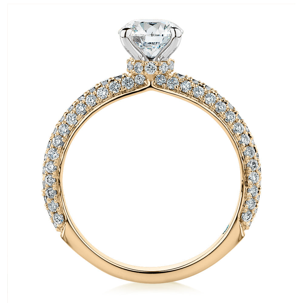 Premium Certified Lab-Grown Diamond, 1.62 carat TW round brilliant shouldered engagement ring in 14 carat yellow and white gold