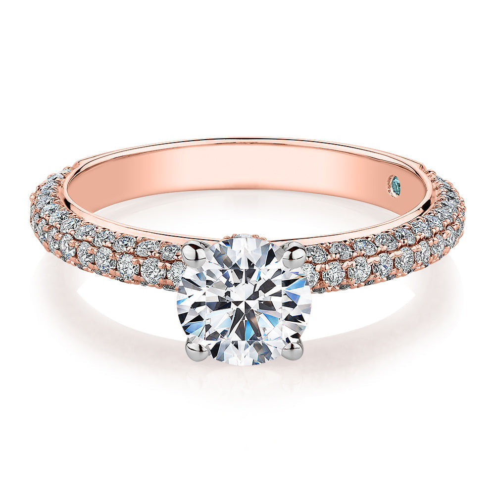 Premium Certified Lab-Grown Diamond, 1.62 carat TW round brilliant shouldered engagement ring in 14 carat rose and white gold