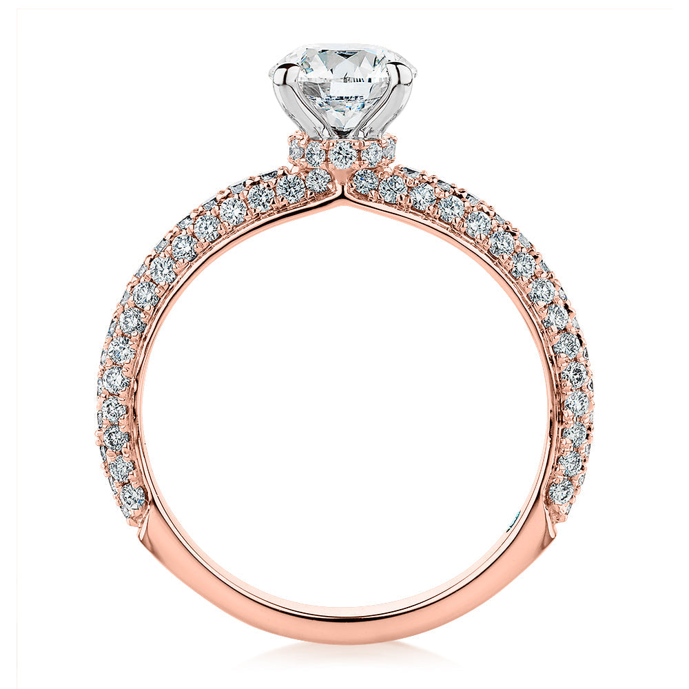 Premium Certified Lab-Grown Diamond, 1.62 carat TW round brilliant shouldered engagement ring in 14 carat rose and white gold