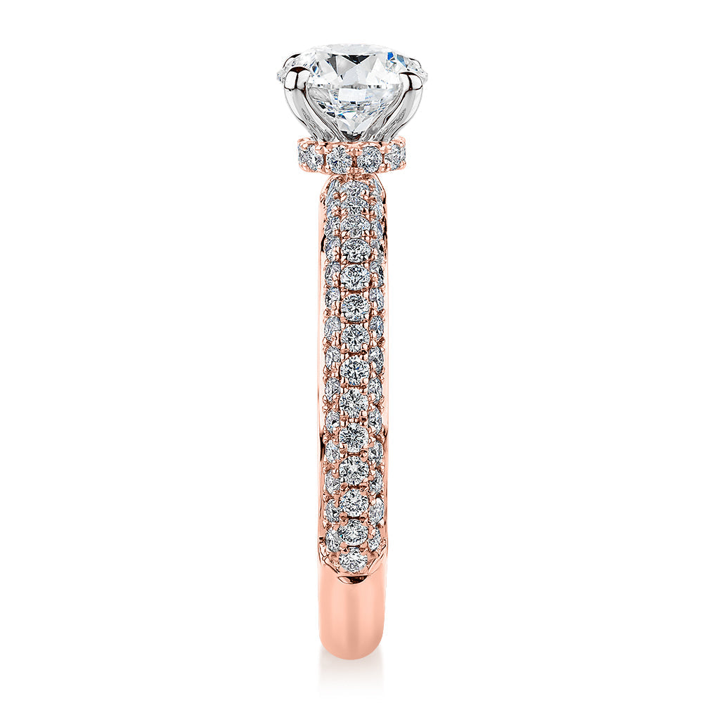 Signature Simulant Diamond 1.62 carat* TW round brilliant shouldered solitaire engagement ring in 10 carat rose and white gold