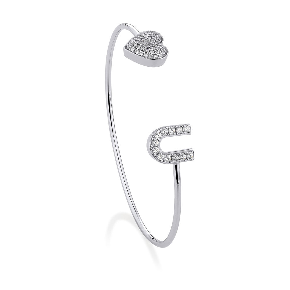 Love you bangle with round brilliant cut pave detailing in sterling silver