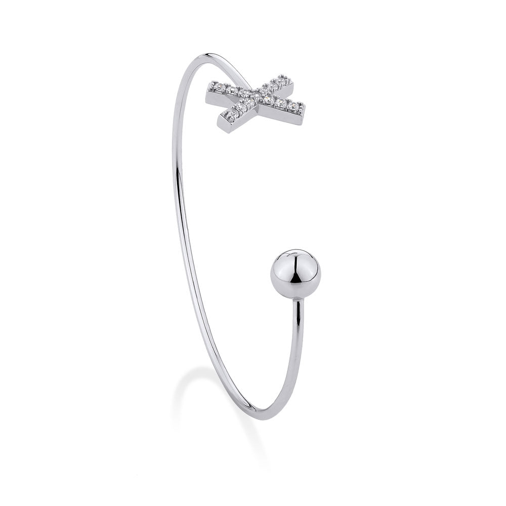 X O bangle with round brilliant cut pave detailing in sterling silver