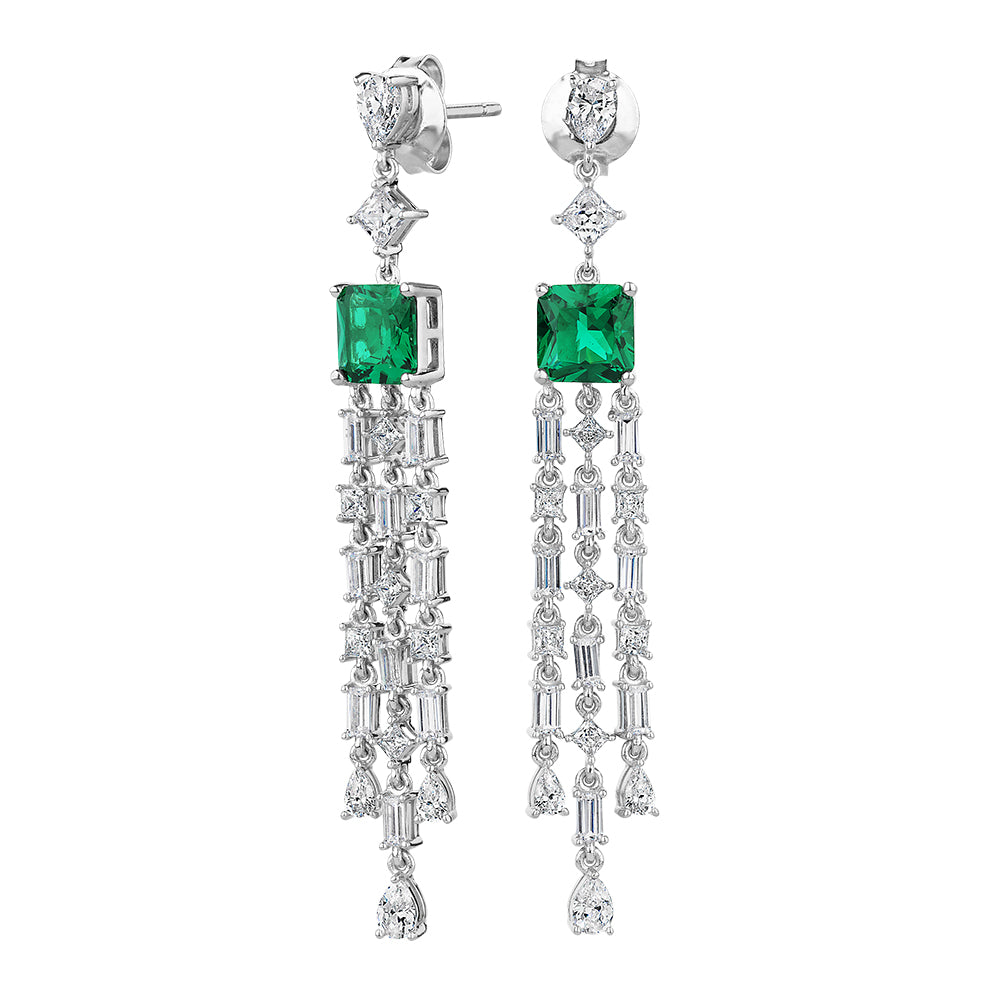 Princess Cut, Pear and Baguette drop earrings with emerald simulants and 5.44 carats* of diamond sim