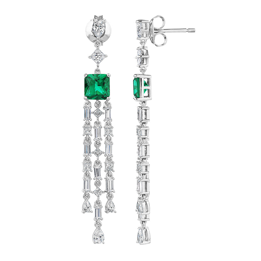 Princess Cut, Pear and Baguette drop earrings with emerald simulants and 5.44 carats* of diamond sim
