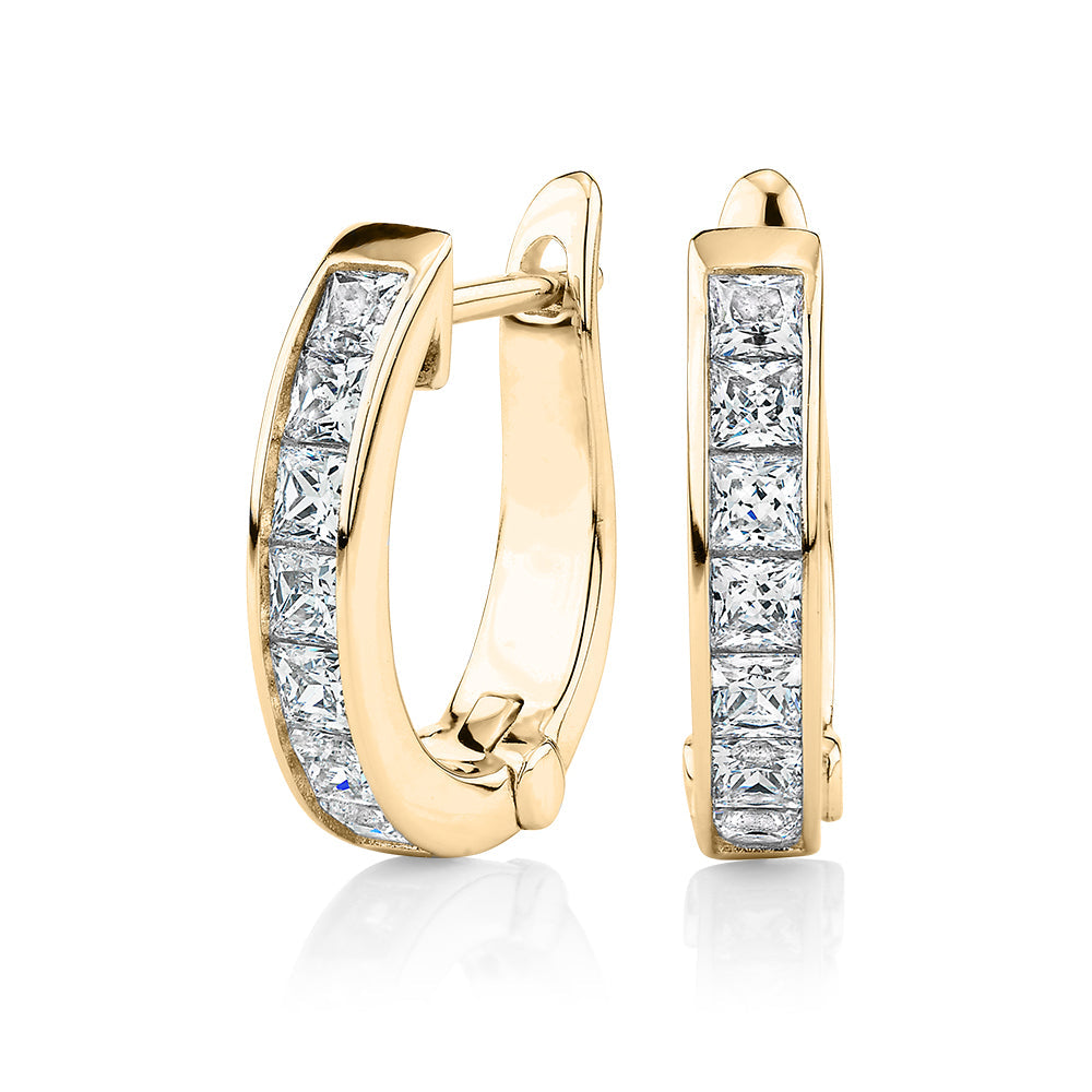 Princess Cut Signature Simulant hoop earrings in 18 carat yellow gold vermeil