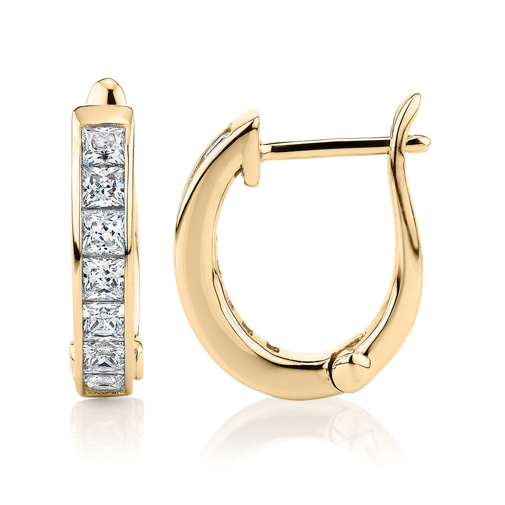 Princess Cut Signature Simulant hoop earrings in 18 carat yellow gold vermeil