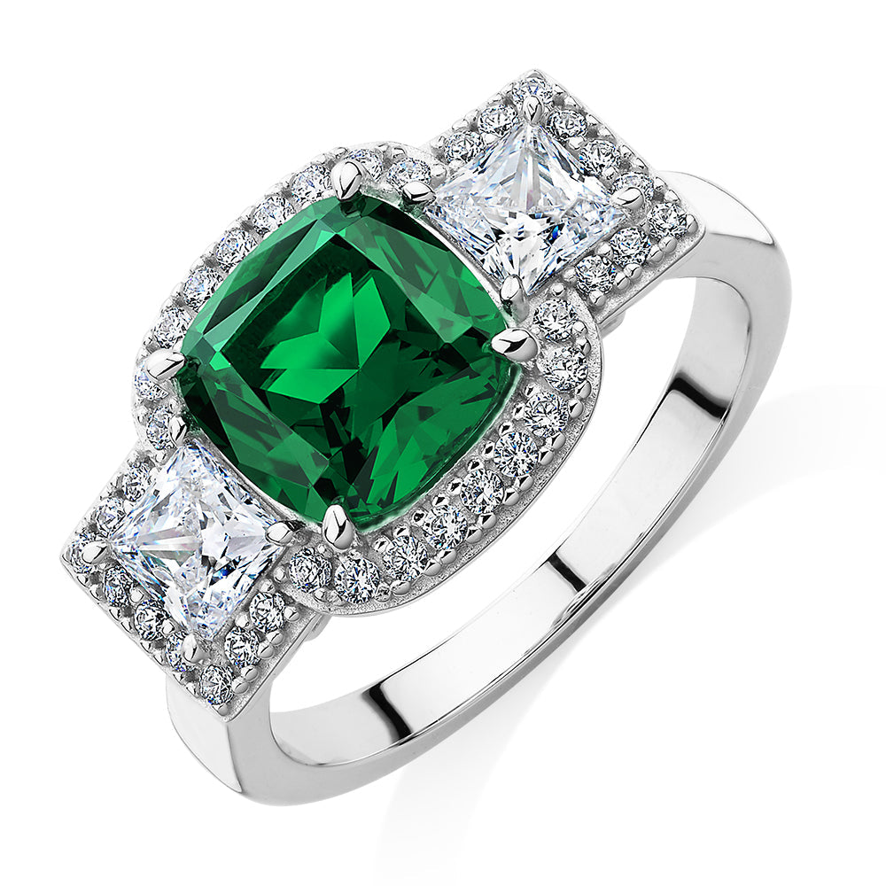 Dress ring with emerald simulant and 0.99 carats* of diamond simulants in sterling silver